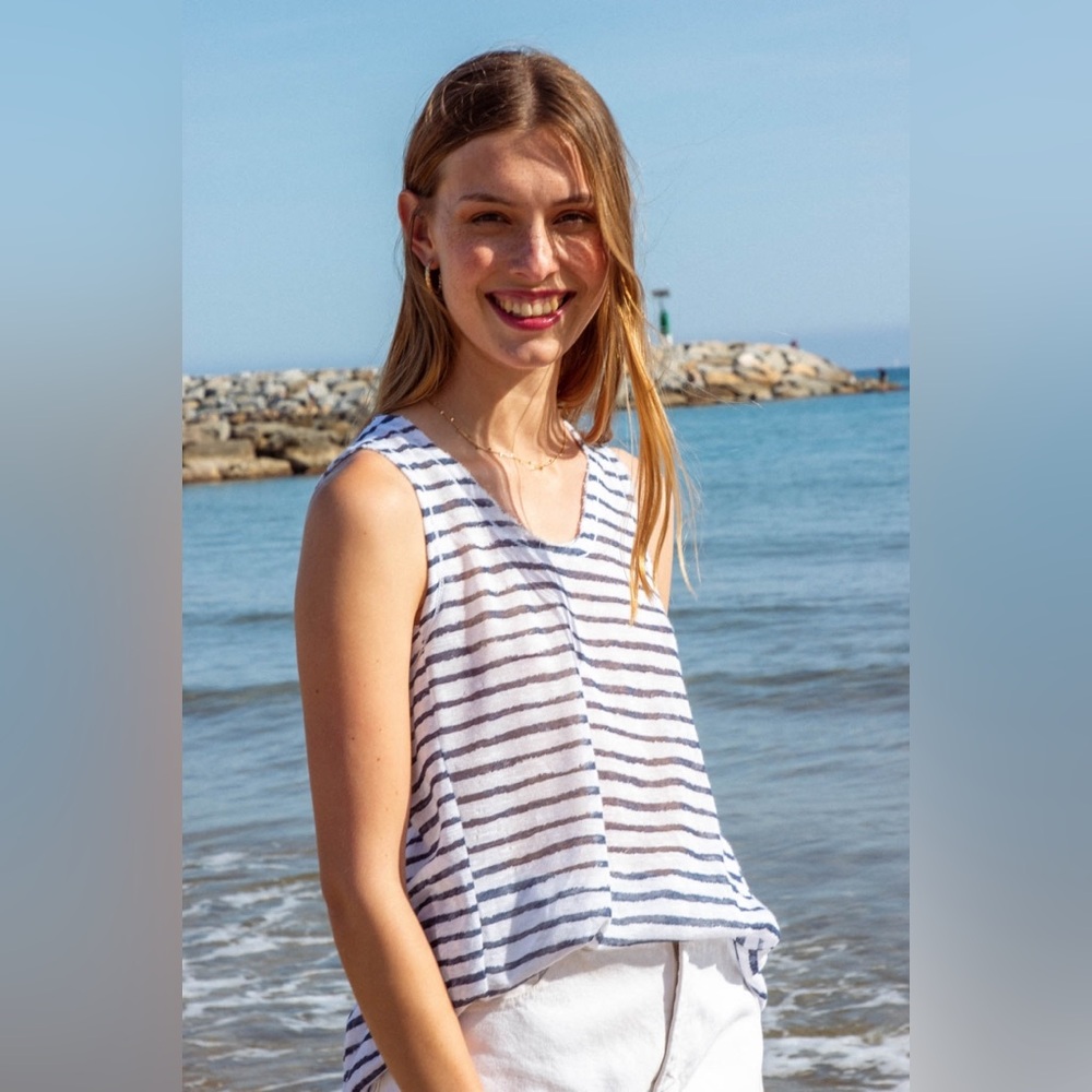 Nina Kendosa Paris Kylian Linen blend  tank top raw edges navy white stripe
